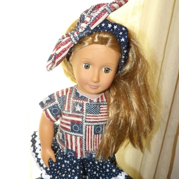 Red White Blue Doll Dress and Head Band for 18 inch Dolls Hand Crafted - Picture 2 of 16